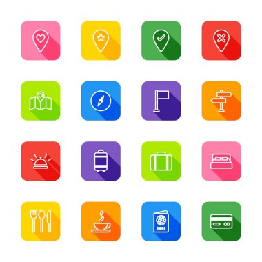 Beyaz çizgi seyahat etmek simge seti üzerinde gölge ile renkli yuvarlatılmış dikdörtgen