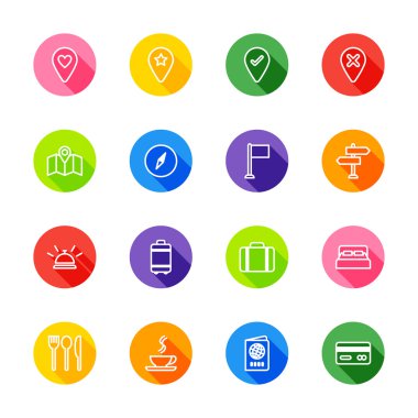 Beyaz çizgi üzerinde renkli circle gölge ile simge seti seyahat