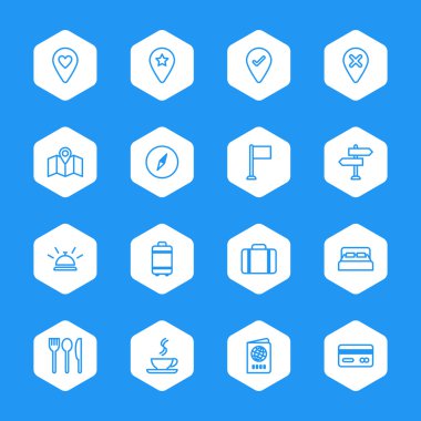 satır seyahat etmek simge seti üzerinde beyaz altıgen