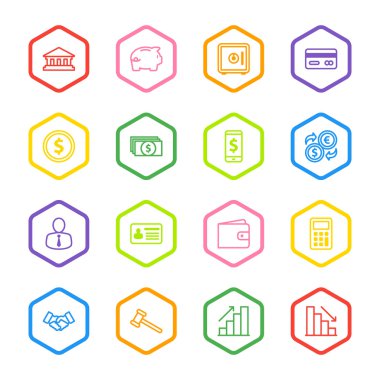 renkli iş ticari ve Finans simgesi ile altıgen çerçeve seti