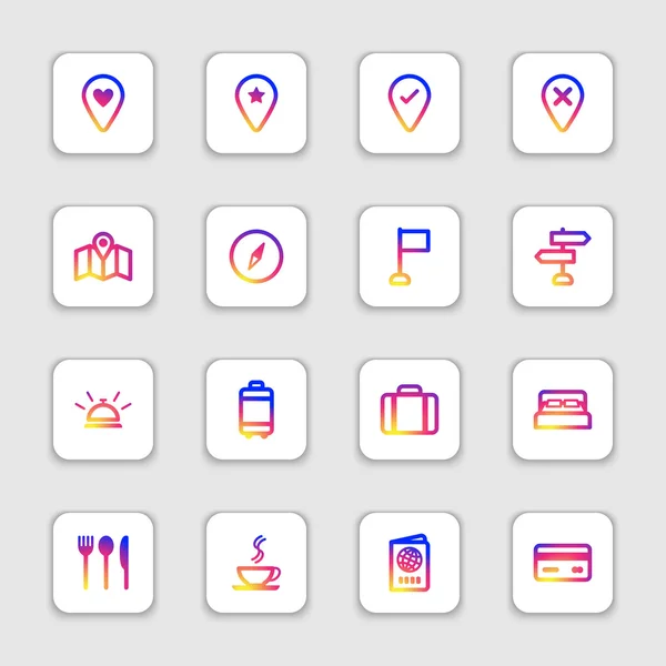 ソフト シャドウと角丸長方形ホワイト カラフルな滑らかなグラデーション ライン旅行のアイコンを設定 — ストックベクタ