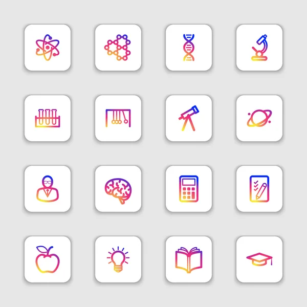 カラフルな滑らかなグラデーション ライン教育科学アイコン ソフト シャドウと角丸長方形ホワイトのセット — ストックベクタ