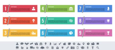 9 adım, seçenek veya süreç içeren bilgi tasarımı iş konsepti vektör çizimi iş akışı veya diyagram veya web düğmesi pankartı