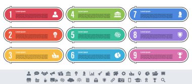 9 adım, seçenek veya süreç içeren bilgi tasarımı iş konsepti vektör çizimi iş akışı veya diyagram veya web düğmesi pankartı