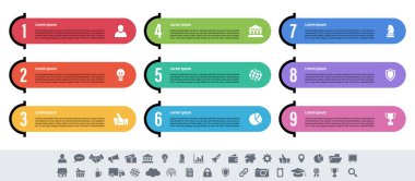 9 adım, seçenek veya süreç içeren bilgi tasarımı iş konsepti vektör çizimi iş akışı veya diyagram veya web düğmesi pankartı