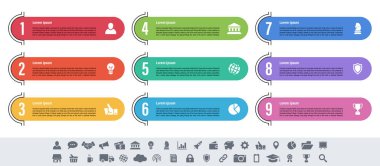 9 adım, seçenek veya süreç içeren bilgi tasarımı iş konsepti vektör çizimi iş akışı veya diyagram veya web düğmesi pankartı