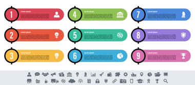 9 adım, seçenek veya süreç içeren bilgi tasarımı iş konsepti vektör çizimi iş akışı veya diyagram veya web düğmesi pankartı