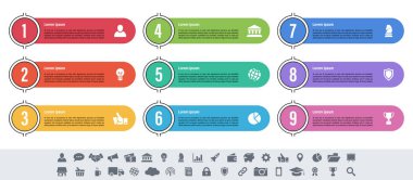 9 adım, seçenek veya süreç içeren bilgi tasarımı iş konsepti vektör çizimi iş akışı veya diyagram veya web düğmesi pankartı