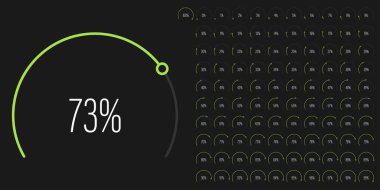 Web tasarımı, kullanıcı arayüzü UI veya bilgi grafiği için 0 ile 100 arasında değişen dairesel sektör yüzdelik diyagramları kümesi