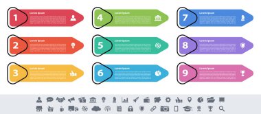 9 adım, seçenek veya süreç içeren bilgi tasarımı iş konsepti vektör çizimi iş akışı veya diyagram veya web düğmesi pankartı