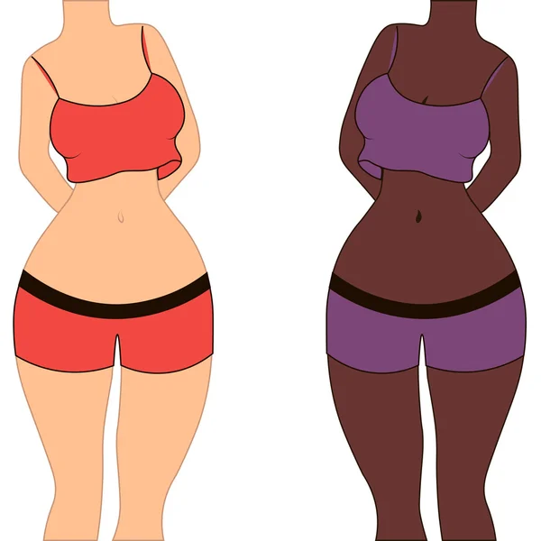 Γυναίκα μορφή ανύσματος, curvy σχήμα fitness, συν μέγεθος ομορφιά κορίτσι, δύο κυρίες διαφορετικών εθνικοτήτων — Διανυσματικό Αρχείο