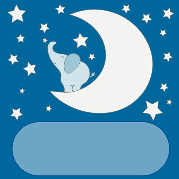 Éléphant de dessin animé mignon sur la lune dans le ciel nocturne, étoiles, vecteur pour une fête de bébé ou cartes d'invitation d'anniversaire . — Image vectorielle