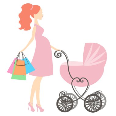 pembe vintage bebek arabası ile modern hamile anne vektör illüstrasyon, kadın alışveriş online mağaza, logo, siluet, anne stilize sembolü, beyaz arka plan üzerinde satış simgesi yok