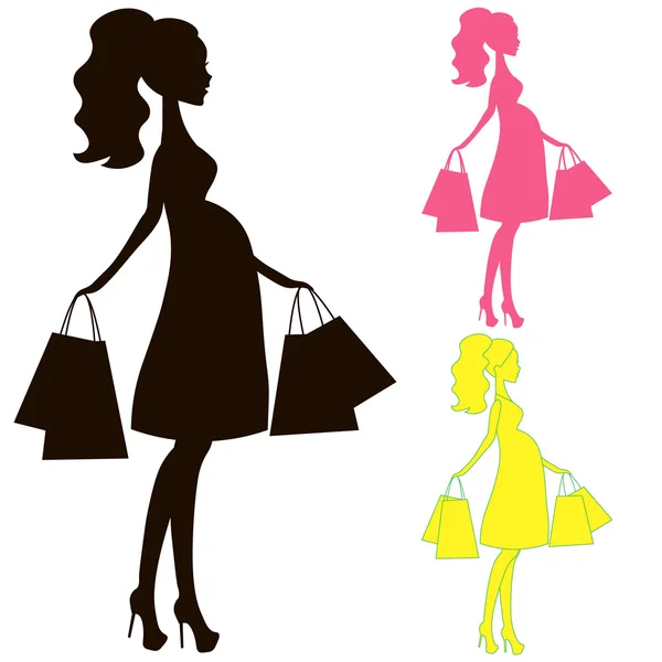 Vector illustration of modern pregnant mommy, the woman does the shopping online store, logo, silhouette, stylized symbol of mother's, sale icon black on white background — ストックベクタ