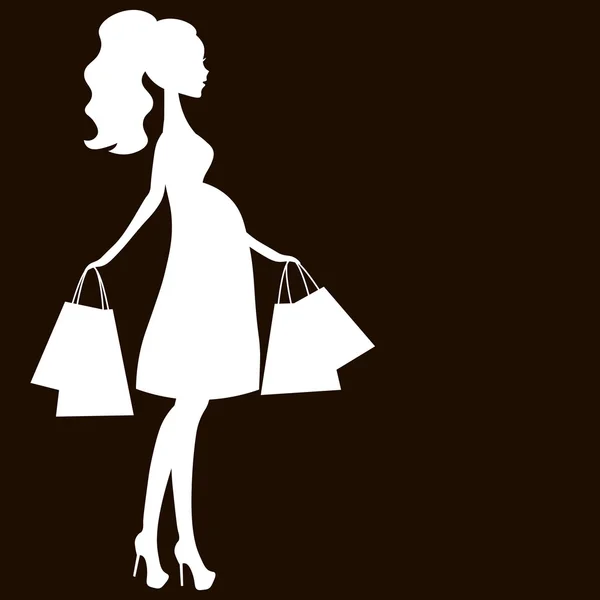 Vector illustratie van moderne zwangere Mama, de vrouw doet het winkelen online winkel, logo, silhouet, gestileerde symbool van moederdag, verkoop pictogram wit op zwarte achtergrond — Stockvector