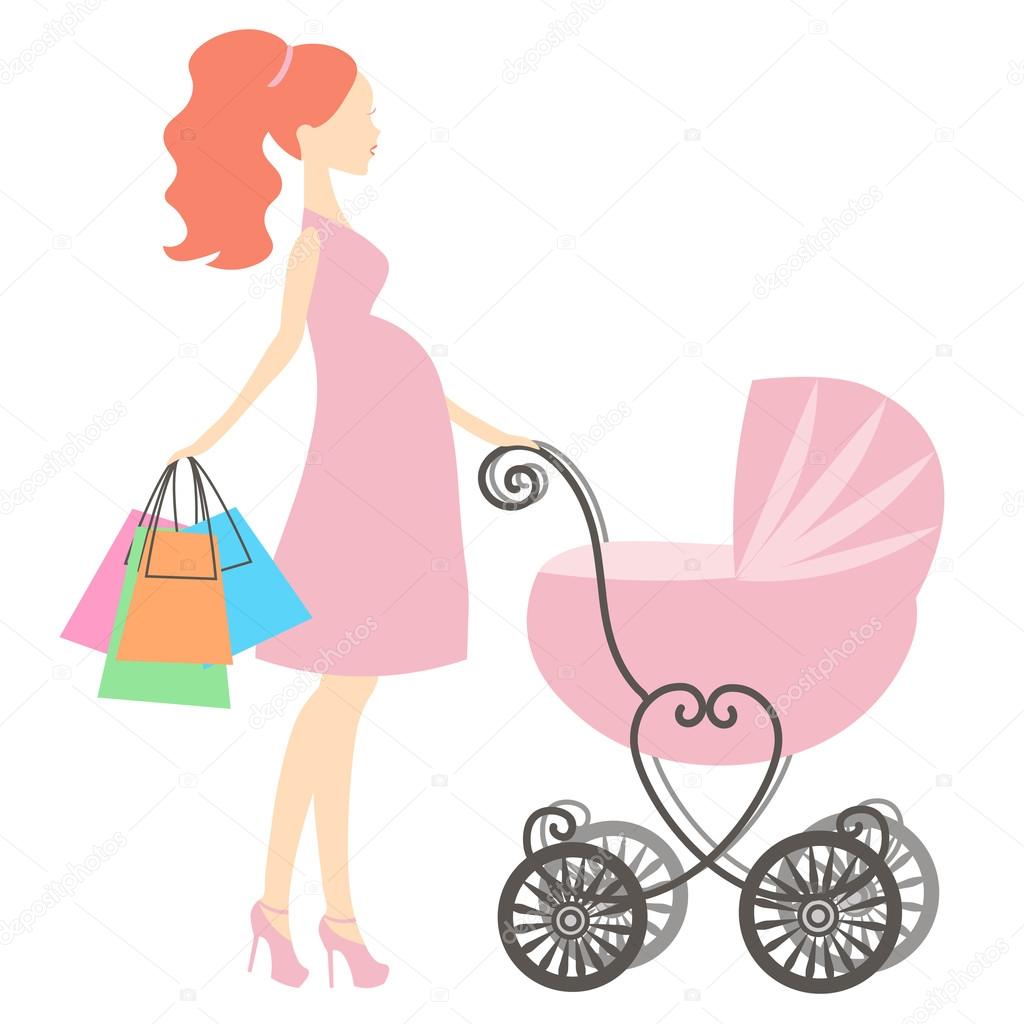 vector illustration of modern pregnant mommy with pink vintage  baby carriage, the woman does the shopping online store, logo,silhouette, stylized symbol of mother's, sale icon on white background