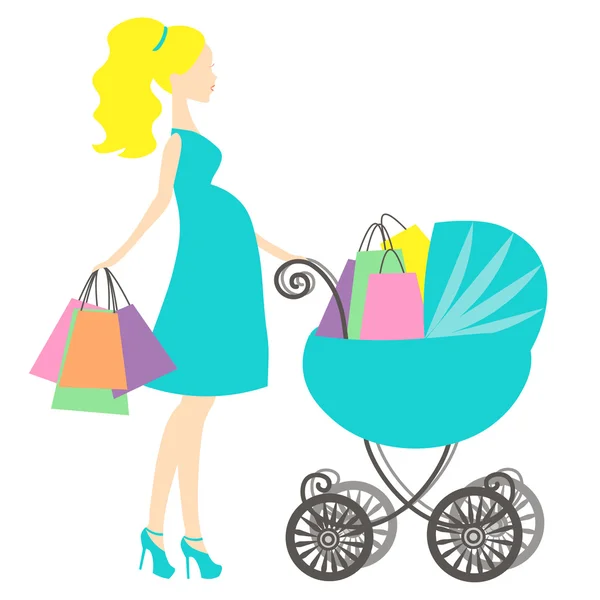 Vecteur de maman enceinte moderne avec voiture de bébé vintage bleu turquoise, la femme fait le shopping boutique en ligne, logo, silhouette, symbole stylisé de la mère, icône de vente sur fond blanc — Image vectorielle