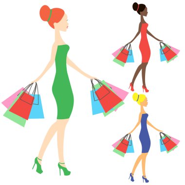 girls of different nationalities vector, online store logo, silhouette, sale icon on white background, African American girl stores, black woman shopping