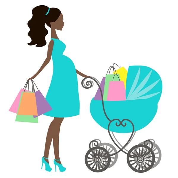 Vector de mamá embarazada moderna con carro de bebé vintage, tienda en línea, logotipo, silueta, icono de la venta en el fondo blanco, tiendas de chicas afroamericanas, negro de compras de la mujer — Vector de stock