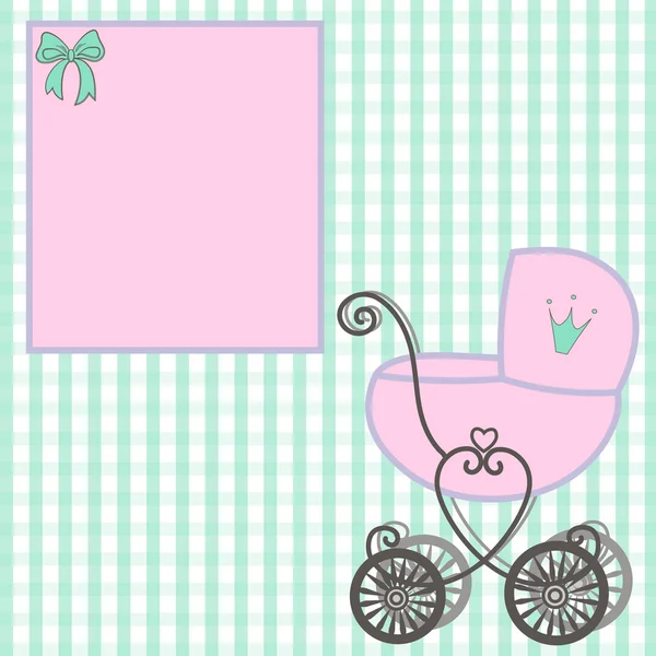 Dulce poco princesa anuncio baby shower, cuento de hadas carruaje ilustración princesa, vintage bebé cochecito invitación o tarjeta en el cumpleaños, vector fondo ilustración — Archivo Imágenes Vectoriales