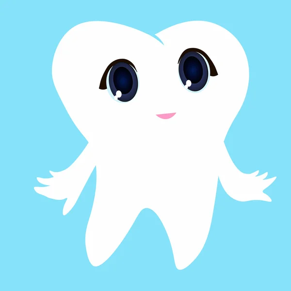 Diente de dibujos animados lindo sonriendo, Tarjeta poco feliz Diente de hadas, blanco sobre un fondo azul, dientes vector icono ilustración, logotipo del primer diente — Vector de stock