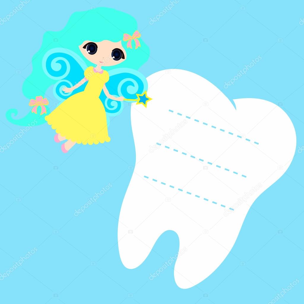  Cute cartoon Fairy smiling, Princess Card little happy Tooth Fairy, white on a blue background, teeth vector icon illustration, first tooth logo, mockup, place for text