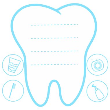  Diş beyaz ve mavi arka plan, diş vektör simge tasarlamak, ilk diş logo, mockup, metin, diş bakımı kavramı için yer 