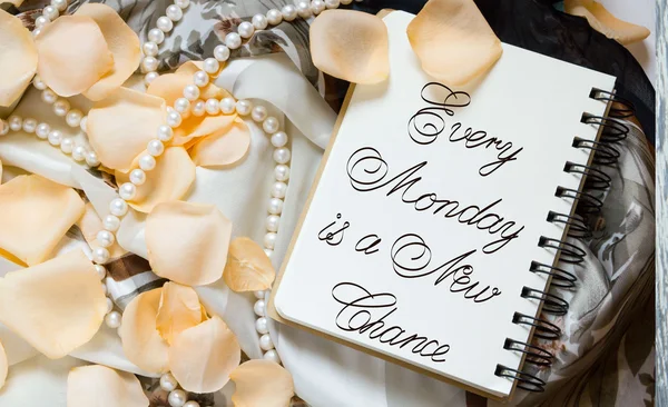 Every Monday is a New Chance inspirational quotes lettering for postcards, business ideas, announcements, write a note with beautiful handwriting of a female hand notebook. wooden background — Stock Photo, Image