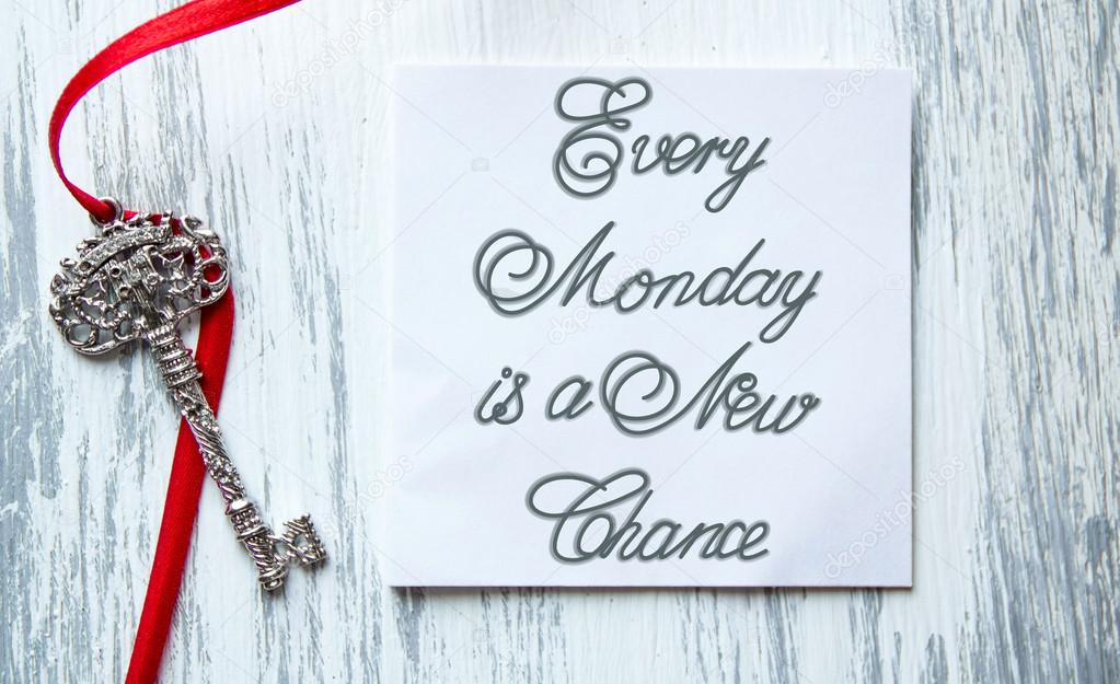 Every Monday is a New Chance inspirational quotes lettering for postcards, business ideas, announcements, write a note with beautiful handwriting of a female hand notebook. wooden background