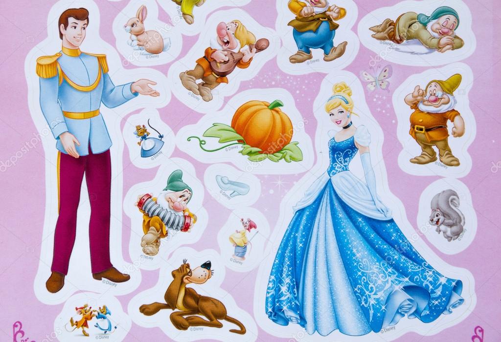 Moscow, Russia - 03, 29, 2016: Photo of Walt  Disney Princess Cinderella stickers for girls, Editorial cartoon characters from books and movies
