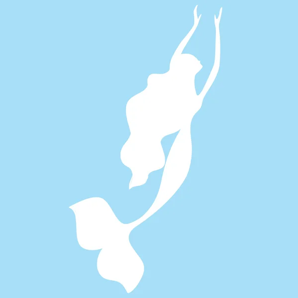Lindo hada nadando sirena con largo pelo rizado vector ilustración, silueta blanca sobre un fondo azul — Vector de stock