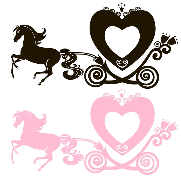 Báječný Royal růžová princezna kočár s koněspřežné vektorové kočárek vintage dívka, logo, černá a růžová silueta ikonu na bílém pozadí — Stockový vektor