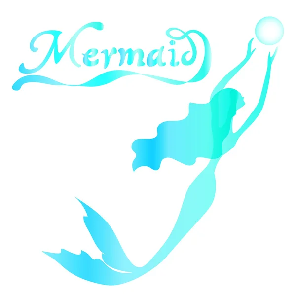 Cute fairy swimming mermaid with long curly hair silhouette vector illustration of turquoise on a white background with the words mermaid — Stock Vector