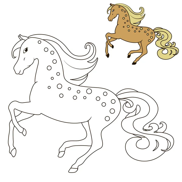 La educación del caballo en movimiento libro para colorear para los niños, con ejemplos de flores vector ilustración — Archivo Imágenes Vectoriales