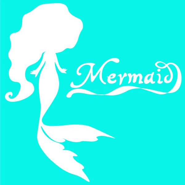 Mignonne sirène de natation de fée avec de longs cheveux bouclés silhouette vectorielle illustration de blanc sur un fond turquoise avec les mots sirène — Image vectorielle