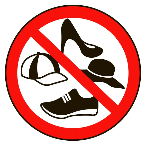 Quítate la gorra y los zapatos. No hay señal de advertencia de zapatos gorra. Icono de información pública prohibida. No se permite gorra y zapato símbolo. Detener etiqueta. gorra y zapato en rojo redondo aislado sobre fondo blanco . — Vector de stock