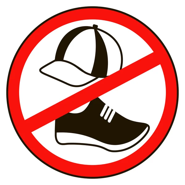 Quítate la gorra y los zapatos. No hay señal de advertencia de zapatos gorra. Icono de información pública prohibida. No se permite gorra y zapato símbolo. Detener etiqueta. gorra y zapato en rojo redondo aislado sobre fondo blanco . — Vector de stock