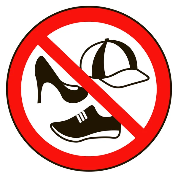 Quítate la gorra y los zapatos. No hay señal de advertencia de zapatos gorra. Icono de información pública prohibida. No se permite gorra y zapato símbolo. Detener etiqueta. gorra y zapato en rojo redondo aislado sobre fondo blanco . — Vector de stock
