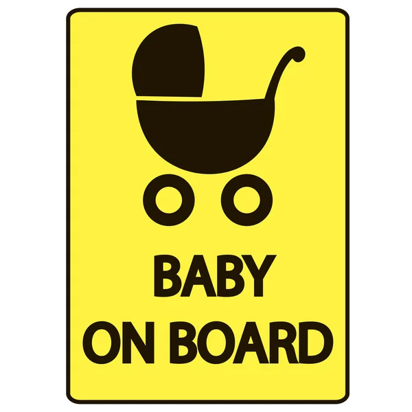 Bébé à bord signe vectoriel illustration, fond jaune, silhouette noire, Baby Carriage Sign — Image vectorielle