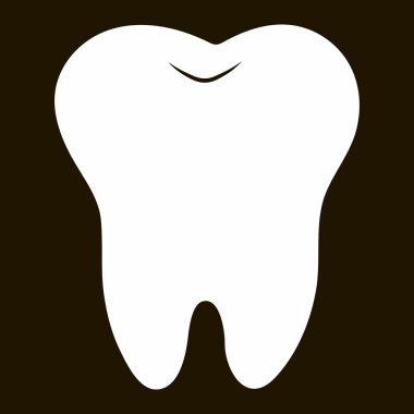 mavi bir arka plan, diş, vektör illüstrasyon simgesi, logo ilk diş üzerinde basit karikatür diş beyaz siluet. Tıbbi diş ofisi sembolleri. Ağız boşluğu bakımı, diş sağlığı, bakım, hastane