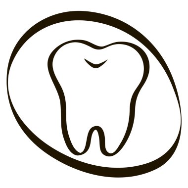 mavi bir arka plan, diş, vektör illüstrasyon simgesi, logo ilk diş üzerinde basit karikatür diş beyaz siluet. Tıbbi diş ofisi sembolleri. Ağız boşluğu bakımı, diş sağlığı, bakım, hastane