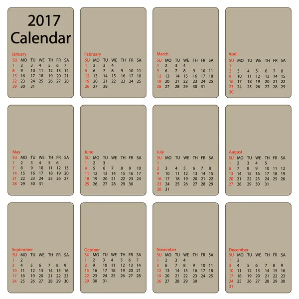 Plantilla calendario 2017. Primer día el domingo. Ilustración en formato vectorial . — Archivo Imágenes Vectoriales