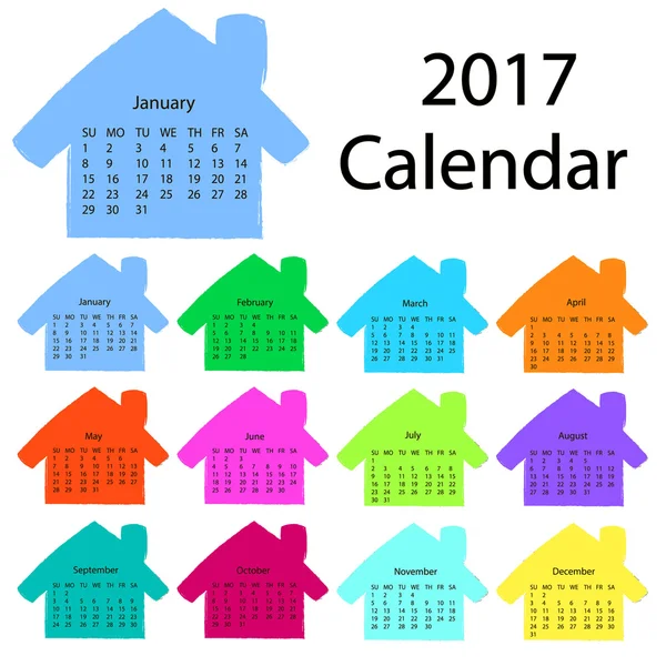 2017 πρότυπο ημερολογίου με τη μορφή πολύχρωμων σπιτιών που έχουν σχεδιαστεί με το χέρι. Την πρώτη μέρα της Κυριακής. Απεικόνιση σε διανυσματική μορφή. μπορεί να χρησιμοποιηθεί για τους πρυτάνεις και τις κατασκευαστικές εταιρείες — Διανυσματικό Αρχείο