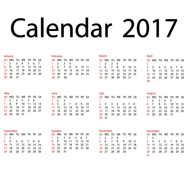 Plantilla calendario 2017. Primer día Domingo . — Vector de stock
