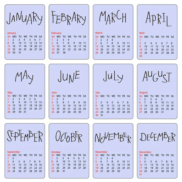 Handwritten names of months. 2017 calendar template. First day Sunday. Illustration in vector format. Calligraphy words for calendars and organizers. black on a purple background — Stock Vector
