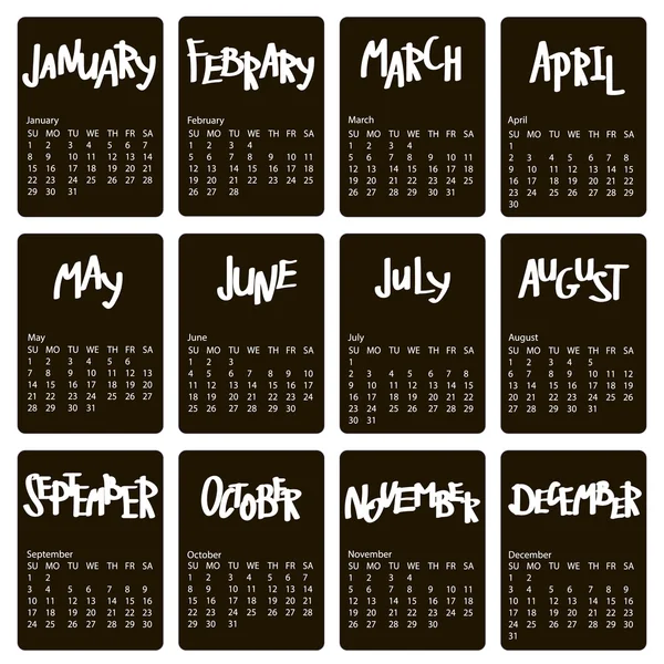 Handwritten names of months. 2017 calendar template. First day Sunday. Illustration in vector format. Calligraphy words for calendars and organizers. White on a black background Stock Illustration