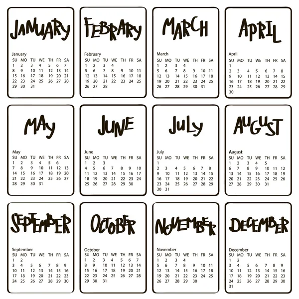 Handwritten names of months. 2017 calendar template. First day Sunday. Illustration in vector format. Calligraphy words for calendars and organizers. White background Stock Vector