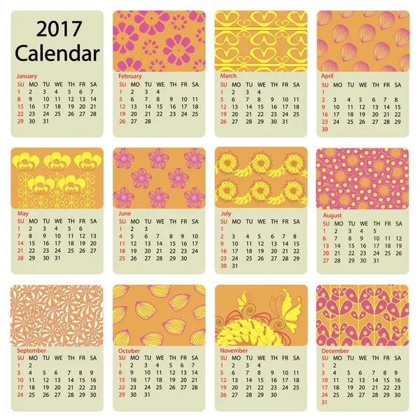 Calendario colorido 2017 pintado a mano en el estilo de los patrones florales y garabatos. Primer día el domingo. Estilo adornado, elegante e intrincado . — Vector de stock
