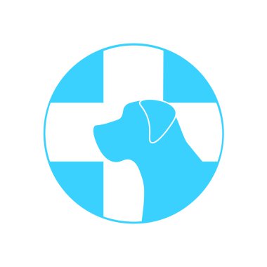 köpek ve bir haç işareti veteriner Kliniği, evde beslenen hayvan sağlık, web simgesi Beyaz siluet mavi bir arka plan üzerinde. vektör çizim, tıbbi işareti