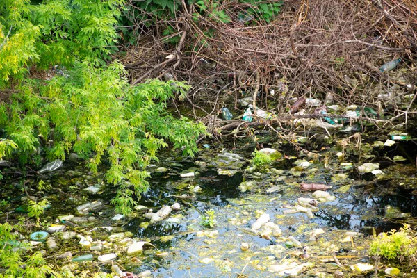 Illegal bulk waste discarded. Landfill in the river. polluted environment.  problem concept
